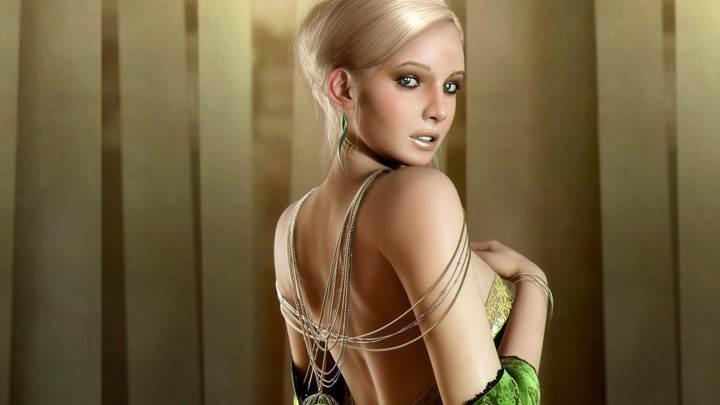 3d Girl Looking Back N Side Pose In Green Dress